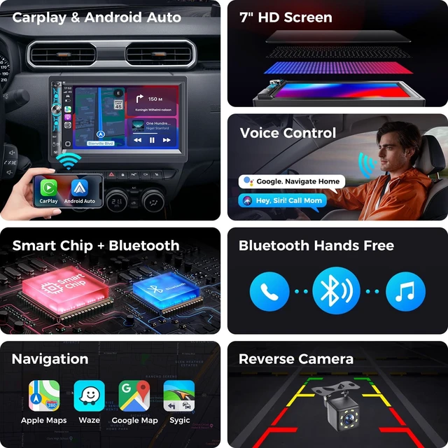 Alt view image 3 of 5 - Kissound 7" Double Din Car Stereo with 7" Touchscreen, Wireless Apple Carplay & Android Auto, Bluetooth, Backup Camera, 240W, SWC, Subwoofer, FM/AM Car Audio