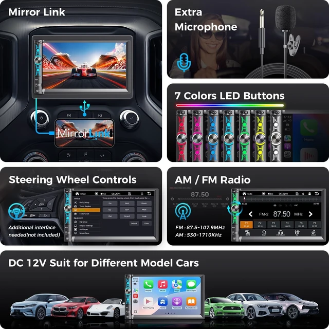 Alt view image 4 of 5 - Kissound 7" Double Din Car Stereo with 7" Touchscreen, Wireless Apple Carplay & Android Auto, Bluetooth, Backup Camera, 240W, SWC, Subwoofer, FM/AM Car Audio