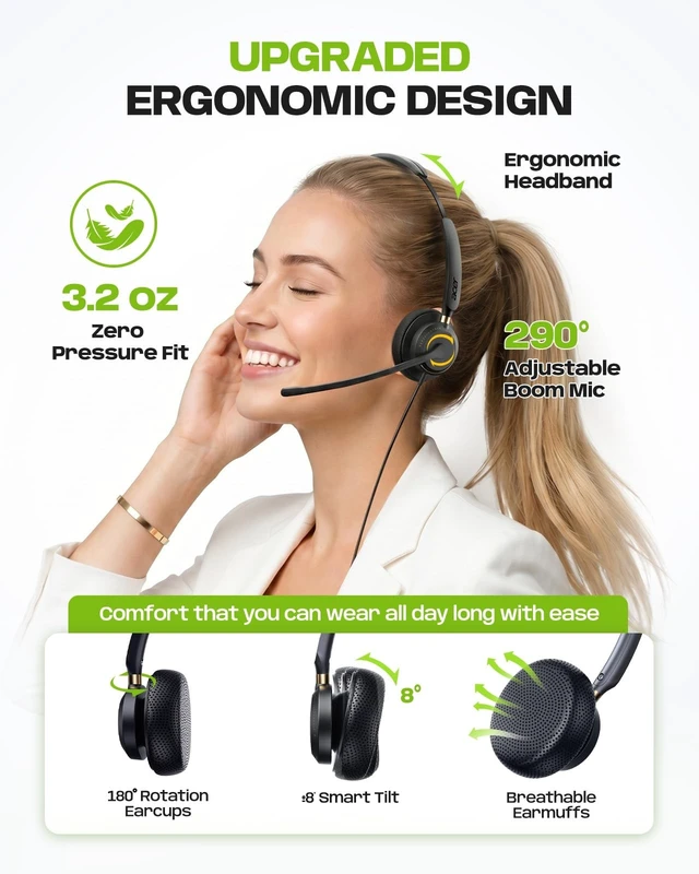 Alt view image 3 of 5 - USB Headset with Microphone for PC, Wired Headset with Mic On-Ear Computer Laptop Headphones Dual Ear Only USB C Headset , 40mm Drivers Wired Headset with Mic for Work, Call Center Headset for Office