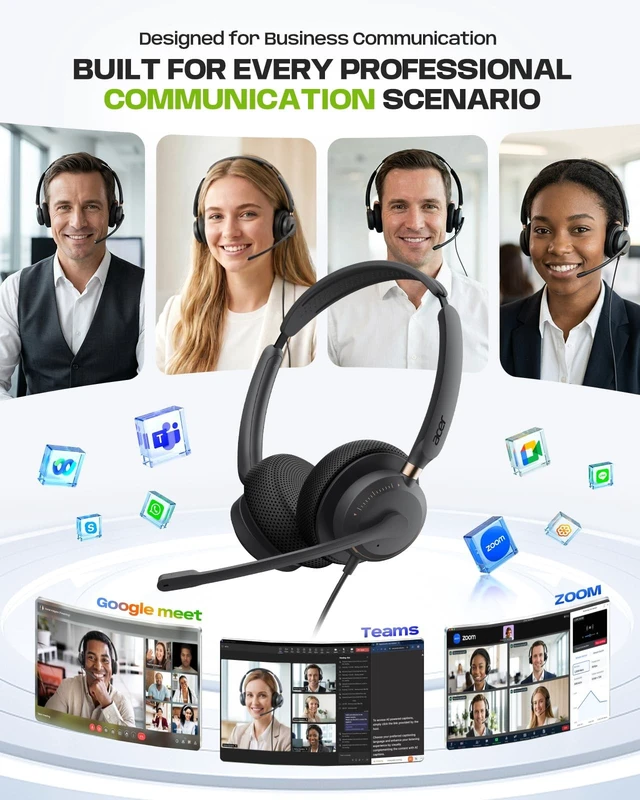 Alt view image 4 of 5 - USB Headset with Microphone for PC, Wired Headset with Mic On-Ear Computer Laptop Headphones Dual Ear Only USB C Headset , 40mm Drivers Wired Headset with Mic for Work, Call Center Headset for Office