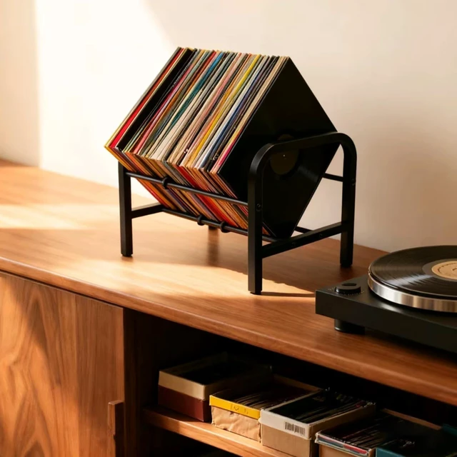 Alt view image 2 of 5 - 8OOKUAIO Vinyl Record Shelf - Heavy Duty Metal LP Holder for Vinyl Records ^^ 1-100 Capacity Single-Layer Record Bins for 12" Albums, Books, Magazines, Files(single-layer storage rack)