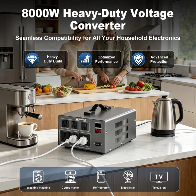 Alt view image 2 of 5 - 8000W Voltage Auto Converter Transformer, Heavy Duty Step Up/Down Power Converter 110/120/220/240V with 3 US Outlets,3 Universal Outlets,LED Display,w/US Standard Power Cord Circuit Breaker Protection
