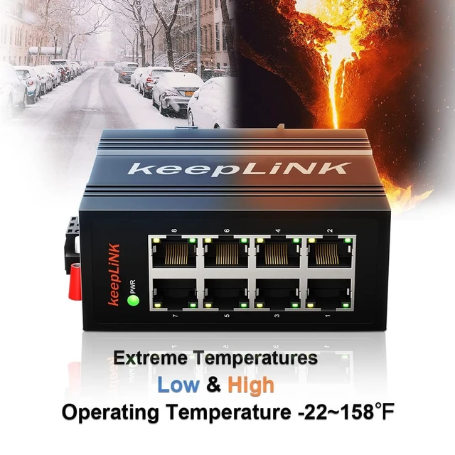 Alt view image 2 of 5 - keepLiNK 8-Port Industrial Ethernet Switch, Unmanaged 10/100Mbps DIN-Rail Network Switch, IP40, Operating Temperature Range of -30C - 70C (-22F~158F)