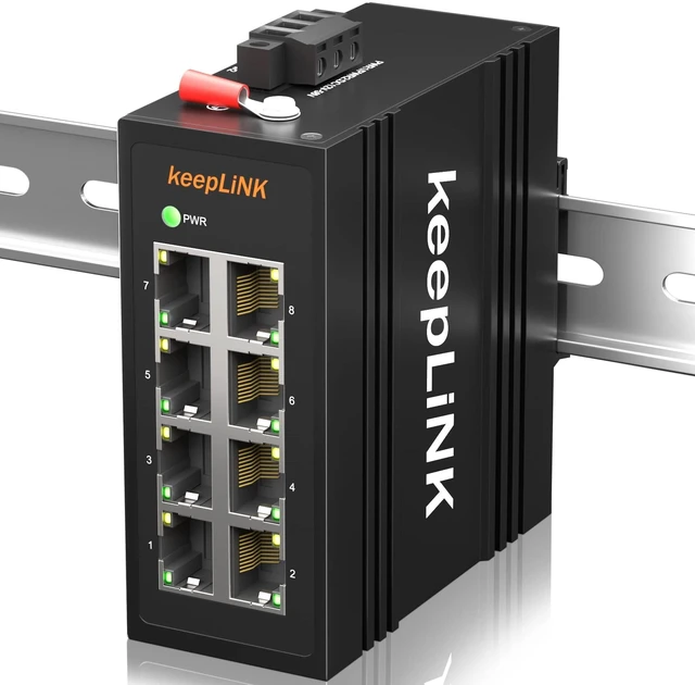 Main image of keepLiNK 8-Port Industrial Ethernet Switch, Unmanaged 10/100Mbps DIN-Rail Network Switch, IP40, Operating Temperature Range of -30C - 70C (-22F~158F)