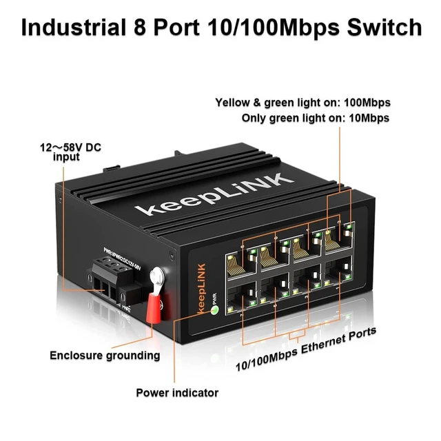 Alt view image 3 of 5 - keepLiNK 8-Port Industrial Ethernet Switch, Unmanaged 10/100Mbps DIN-Rail Network Switch, IP40, Operating Temperature Range of -30C - 70C (-22F~158F)