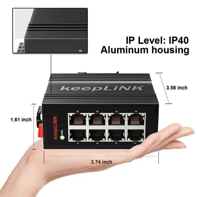 Alt view image 4 of 5 - keepLiNK 8-Port Industrial Ethernet Switch, Unmanaged 10/100Mbps DIN-Rail Network Switch, IP40, Operating Temperature Range of -30C - 70C (-22F~158F)