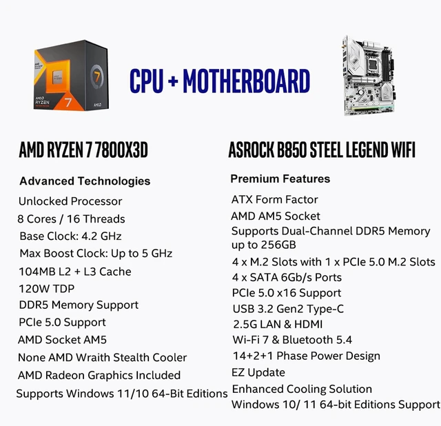 Alt view image 2 of 5 - MICRO CENTER AMD 7800X3D CPU with ASRock B850 Steel Legend Motherboard