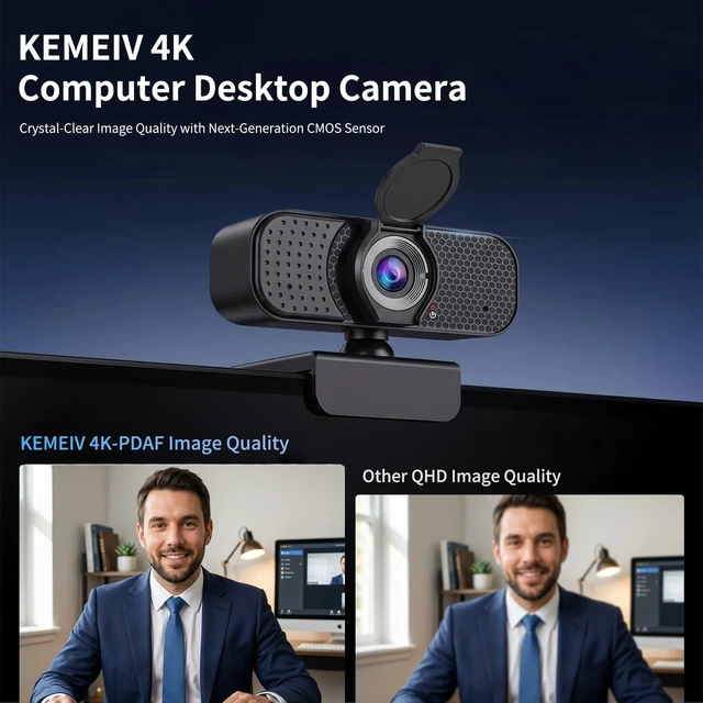 Alt view image 2 of 5 - 4K Webcam with Autofocus & Tripod, Camera for PC Laptop with Dual Microphone, USB Computer Camera with Low Light Correction, Auto White Balance, Video Camera for Streaming, Meetings, Office, Zoom