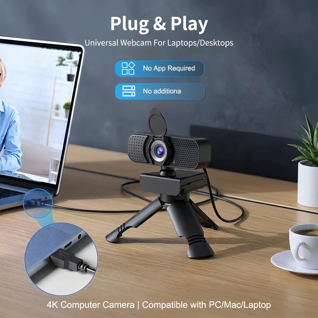 Alt view image 4 of 5 - 4K Webcam with Autofocus & Tripod, Camera for PC Laptop with Dual Microphone, USB Computer Camera with Low Light Correction, Auto White Balance, Video Camera for Streaming, Meetings, Office, Zoom