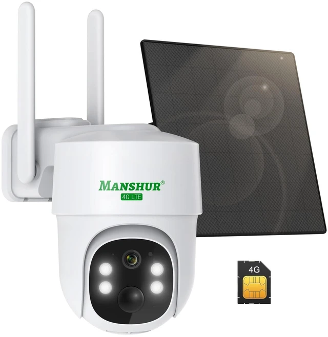 Main image of Manshur 4G LTE Cellular Security Camera Outdoor Wireless, Cameras Without WiFi Needed 360PTZ 2K/3MP Color Night Vision, 2 Way Talk, PIR Motion Detection, Spotlight, No WiFi Supported, IP66, Clo