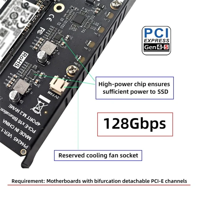Alt view image 2 of 5 - NFHK Card 4X NVME M.2 NGFF SSD to Detachable Bifurcation PCIE Express 5.0 Gen5 Gen4 X16 Raid Card VROC Raid0 Hyper Adapter