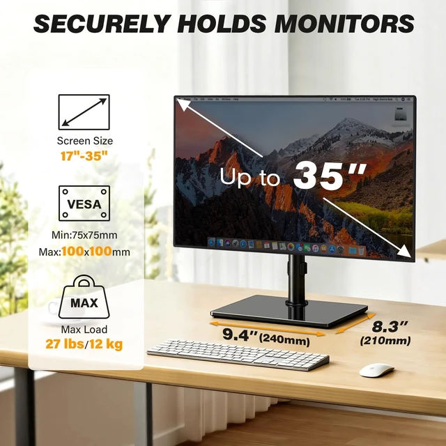 Alt view image 3 of 5 - 5Rcom Single Monitor Freestanding Stand, Holds Screens 17-35 Inch Regular and Ultrawide, Square Tempered Glass VESA Mount Base, Adjustable Height, Tilt, Swivel, Rotation, Black