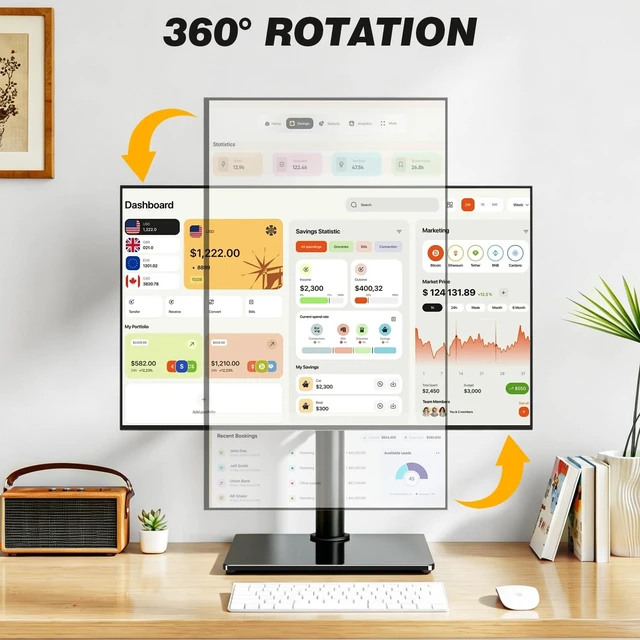 Alt view image 5 of 5 - 5Rcom Single Monitor Freestanding Stand, Holds Screens 17-35 Inch Regular and Ultrawide, Square Tempered Glass VESA Mount Base, Adjustable Height, Tilt, Swivel, Rotation, Black