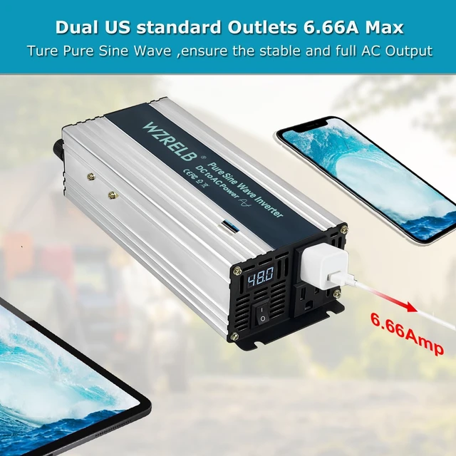 Alt view image 3 of 5 - WZRELB 500W Pure Sine Wave Inverter 12V DC to 110V 120V AC Power Converter with LED Display, Remote Controller, Off-Grid Power Inverter 1000W Surge for Home, RV, Truck, Camping
