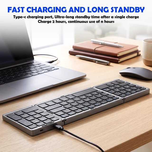 Alt view image 5 of 5 - Foldable Keyboard and Mouse, Bluetooth Dual Model Folding, 2.4G + BT5.0 x 3, Full-Size Portable Travel Keyboard & Rechargeable Wireless Mouse for Windows Android iOS Mac OS, Elegant Grey