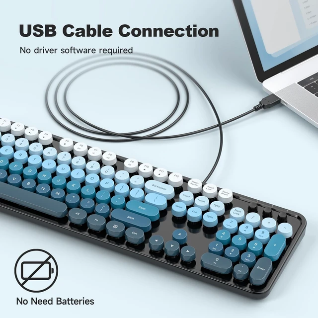 Alt view image 2 of 5 - Atelus Wired USB Computer Keyboard, Full-Size Retro Typewriter Keyboard with Numeric Keypad, Plug & Play for Windows PC Laptop Home Office (Black Blue)
