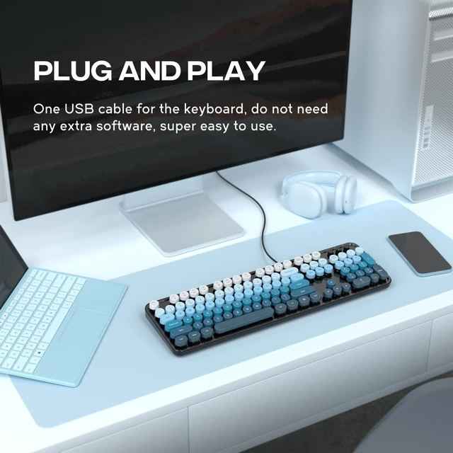 Alt view image 4 of 5 - Atelus Wired USB Computer Keyboard, Full-Size Retro Typewriter Keyboard with Numeric Keypad, Plug & Play for Windows PC Laptop Home Office (Black Blue)