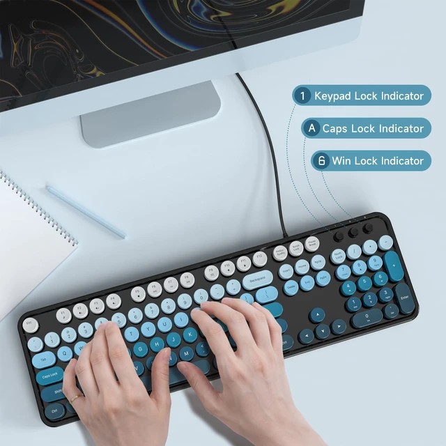 Alt view image 5 of 5 - Atelus Wired USB Computer Keyboard, Full-Size Retro Typewriter Keyboard with Numeric Keypad, Plug & Play for Windows PC Laptop Home Office (Black Blue)