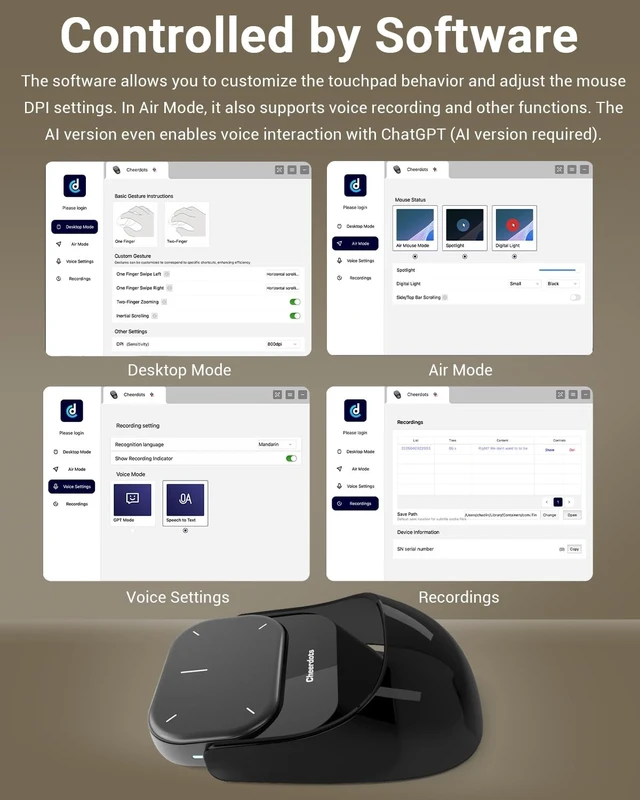 Alt view image 4 of 5 - Cheerdots2 Recording Touchpad Bluetooth Mouse, Presentation Mode, Magnetic Detachable Design, Smart Software Control, Portable for Meetings & Work, Intelligent Audio Recording & Saving(Voice Record)