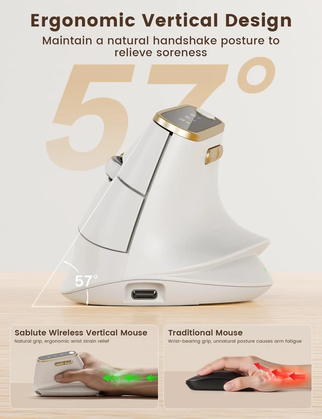 Alt view image 3 of 5 - SABLUTE Ergonomic Vertical Wireless Mouse with 3-Device Switching MAM4
