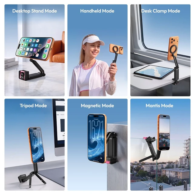 Alt view image 2 of 5 - ULANZI MA90 Multifunctional Dual Magnetic Phone Tripod for iPhone 16/15 Pro - 18N Strong Magnet, Clamp & Mantis Modes, Portable Desktop Stand with 1/4" Tripod Mount & Carabiner for Vlog/Travel