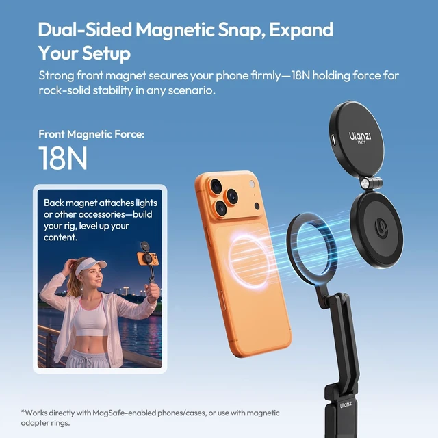 Alt view image 4 of 5 - ULANZI MA90 Multifunctional Dual Magnetic Phone Tripod for iPhone 16/15 Pro - 18N Strong Magnet, Clamp & Mantis Modes, Portable Desktop Stand with 1/4" Tripod Mount & Carabiner for Vlog/Travel