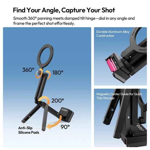 Alt view image 5 of 5 - ULANZI MA90 Multifunctional Dual Magnetic Phone Tripod for iPhone 16/15 Pro - 18N Strong Magnet, Clamp & Mantis Modes, Portable Desktop Stand with 1/4" Tripod Mount & Carabiner for Vlog/Travel