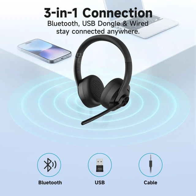 Alt view image 2 of 5 - AOC Wireless Headset with Mic for Work, Bluetooth 5.4 Computer Headphones.