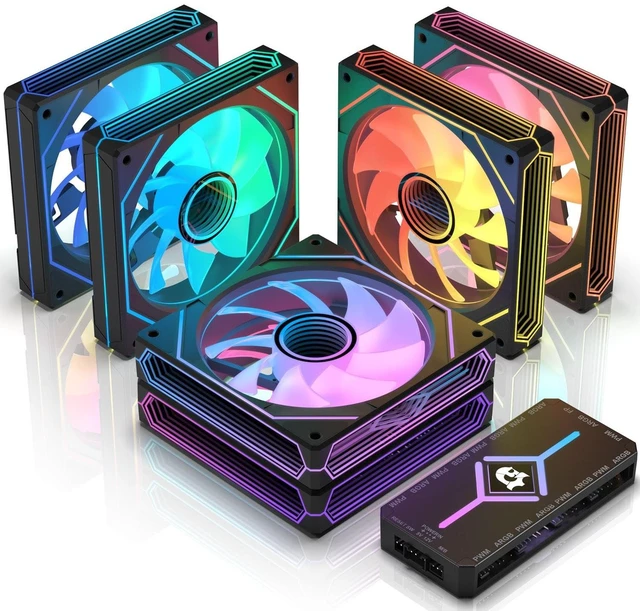Main image of 6 Pack ARGB PWM Fans,4 Forward Fan +2 Reverse Fans,5V Addressable RGB Fans with Controller, PWM PC Fan 1550 RPM,Computer Case and Liquid Cooling SystemThree Sided Prism DesignBlack