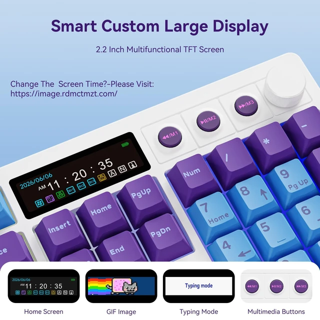 Alt view image 2 of 5 - BOYI K104Pro Creamy Mechanical Gaming Keyboard,2.2" Smart Screen&Media Knob,QMK/VIA Programmable Tri-Mode BT/2.4GHz/USB-C 100% Full Size Gasket Mounted Hot Swap RGB Keyboard for PC Mac(White Joker)