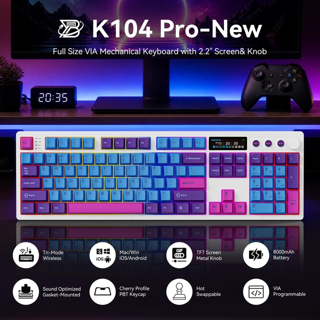 Alt view image 3 of 5 - BOYI K104Pro Creamy Mechanical Gaming Keyboard,2.2" Smart Screen&Media Knob,QMK/VIA Programmable Tri-Mode BT/2.4GHz/USB-C 100% Full Size Gasket Mounted Hot Swap RGB Keyboard for PC Mac(White Joker)