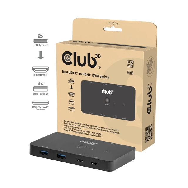 Alt view image 2 of 5 - Club3D CSV-2512 Dual USB-C to HDMI PD3.0 KVM Switch 100W 4K60Hz