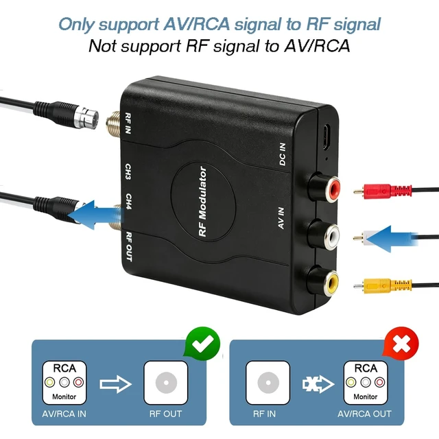 Alt view image 4 of 5 - RCA to RF Modulater for TV, AV to Coaxial RF Converter with CH3/CH4 Switch, Analog Video Audio Modulator NTSC Format for Retro Game Console, VHS Player, DVD, VCR