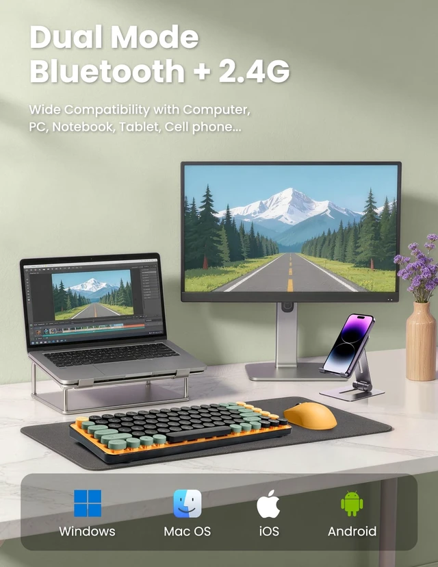 Alt view image 3 of 5 - Wireless Keyboard and Mouse Combo, Colorful 85 Keys Round Keyboard Mouse Set, with Fn Multimedia Keys for Office and Home, 3-Level DPI Adjustable Quiet Mouse for Windows, Mac,Desktop, Laptop, P