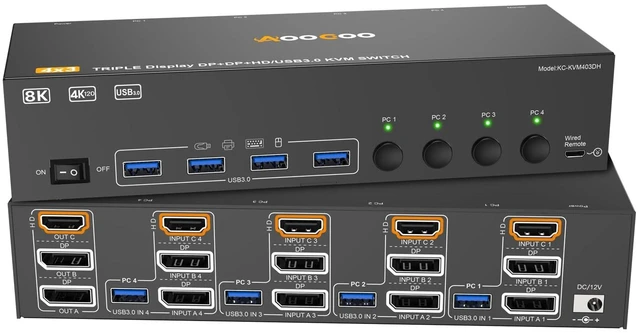 Main image of HDMI Displayport KVM Switch 3 Monitor 4 Computer 8K@60Hz/4K@144Hz KVM Switches with 4 USB 3.0 Port,Wired Remote,Power Adapter and 4 USB3.0 Cables Included