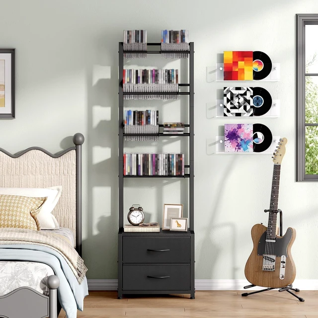 Alt view image 2 of 5 - HOOBRO CD Storage Rack with Drawer, 5-Tier DVD Organizer Shelf