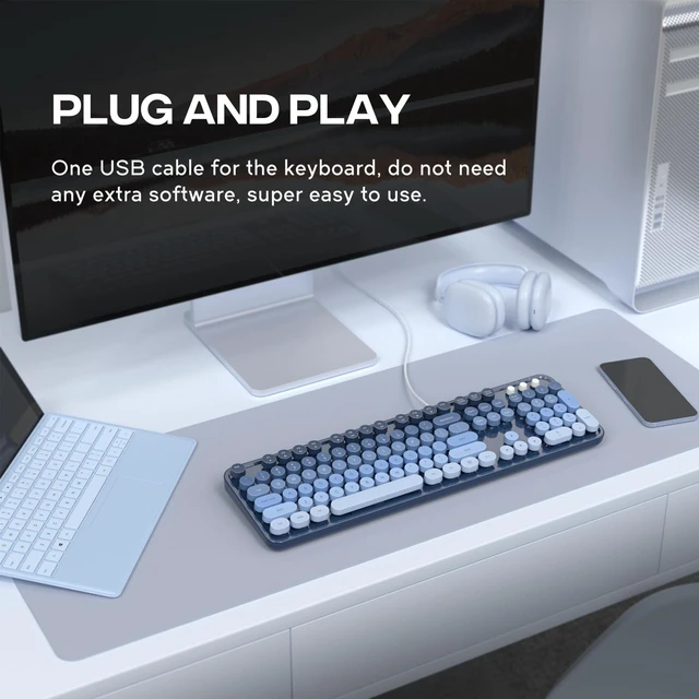 Alt view image 2 of 5 - Dilter Wired Keyboard, 104 Keys Full-Sized Typewriter Keyboards, USB Office Keyboard with Number Pad, Caps Indicators, Foldable Stands for Windows, PC, Laptop, Desktop (Sea Blue Gradient)
