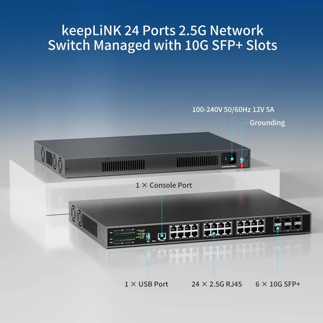 Alt view image 2 of 5 - keepLiNK 24 Port 2.5G Network Switch Managed, 24 x 2.5 Gigabit, 6 x 10G SFP+, L3 Smart Web Managment Ethernet Switch, Fan Cooling Metal Internet Switch Rack Mount