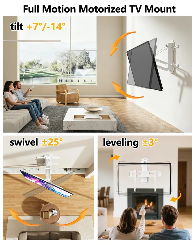 Alt view image 4 of 5 - FORGING MOUNT Motorized Fireplace TV Mount for 32-85" Flat & Curved TVs, Remote Control Electric Pull Down Mounting Bracket, Height Adjustable, Swivel, Tilt, Holds 88lbs, Max VESA 600x400mm, White