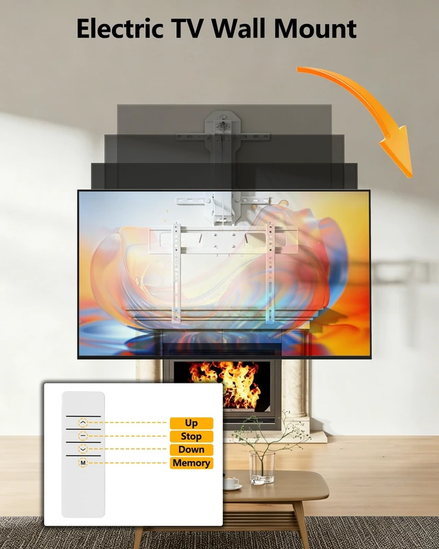 Alt view image 5 of 5 - FORGING MOUNT Motorized Fireplace TV Mount for 32-85" Flat & Curved TVs, Remote Control Electric Pull Down Mounting Bracket, Height Adjustable, Swivel, Tilt, Holds 88lbs, Max VESA 600x400mm, White