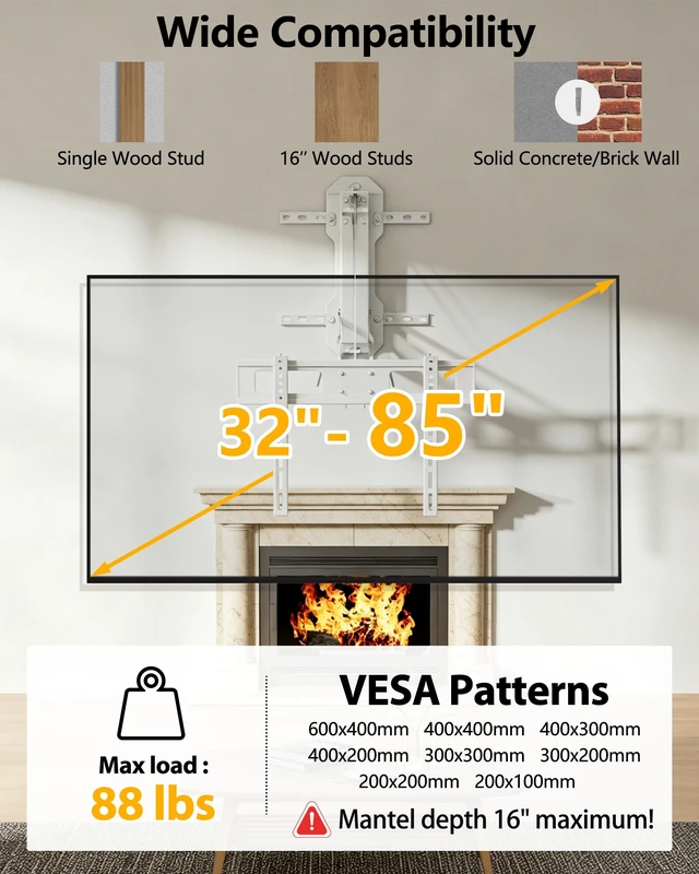 Alt view image 2 of 5 - FORGING MOUNT Motorized Fireplace TV Mount for 32-85" Flat & Curved TVs, Remote Control Electric Pull Down Mounting Bracket, Height Adjustable, Swivel, Tilt, Holds 88lbs, Max VESA 600x400mm, White