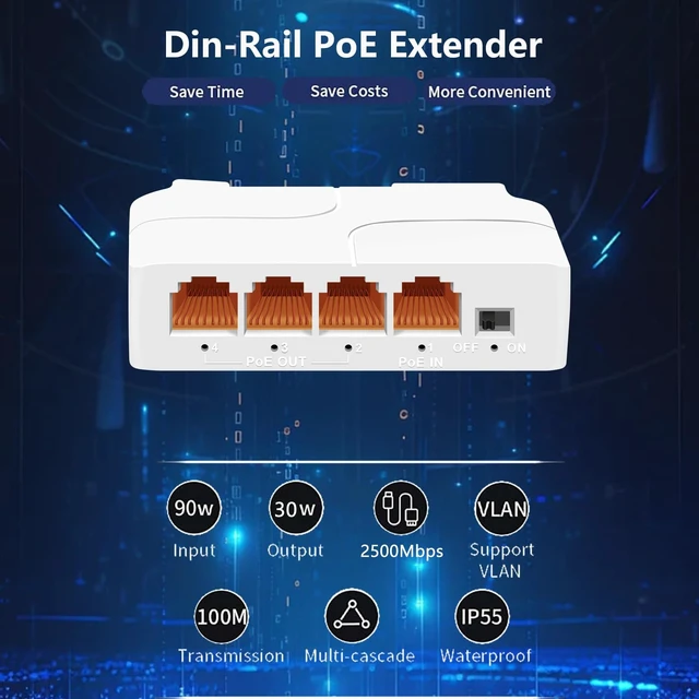 Alt view image 2 of 4 - Ztyuav 4 Port 2.5Gbps PoE Extender 1 in 3 Out-IEEE 802.3af/at, 90W in 30W Out PoE Repeater 100/1000/2500Mbps, Vlan & Extend to 100m, Din-Rail & Wall Mount PoE Passthrough Switch Plug & Play