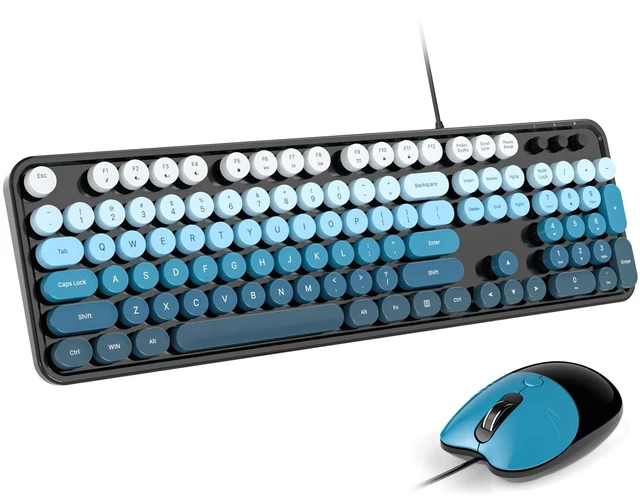 Main image of Dilter Wired Keyboard and Mouse Combo, Full-Size Retro Round Keycaps Keyboard with Number Pad, Cute Cat Shaped Mouse for Office, Home, Computer, Windows, Laptop (Black Blue Gradient)