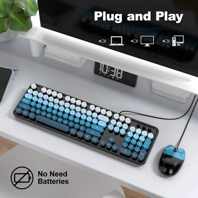 Alt view image 2 of 5 - Dilter Wired Keyboard and Mouse Combo, Full-Size Retro Round Keycaps Keyboard with Number Pad, Cute Cat Shaped Mouse for Office, Home, Computer, Windows, Laptop (Black Blue Gradient)