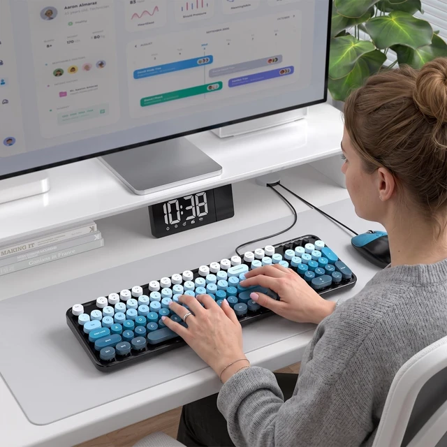 Alt view image 3 of 5 - Dilter Wired Keyboard and Mouse Combo, Full-Size Retro Round Keycaps Keyboard with Number Pad, Cute Cat Shaped Mouse for Office, Home, Computer, Windows, Laptop (Black Blue Gradient)