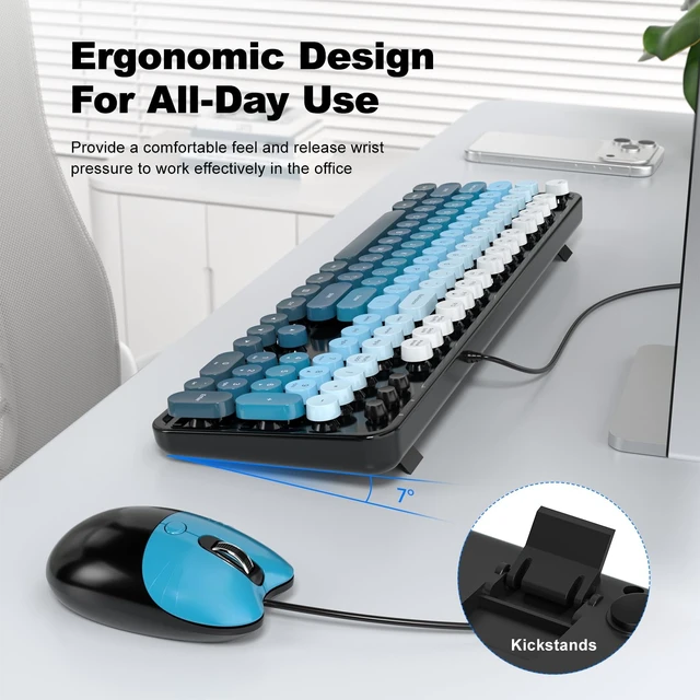 Alt view image 4 of 5 - Dilter Wired Keyboard and Mouse Combo, Full-Size Retro Round Keycaps Keyboard with Number Pad, Cute Cat Shaped Mouse for Office, Home, Computer, Windows, Laptop (Black Blue Gradient)