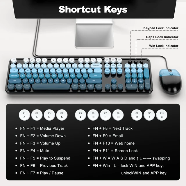 Alt view image 5 of 5 - Dilter Wired Keyboard and Mouse Combo, Full-Size Retro Round Keycaps Keyboard with Number Pad, Cute Cat Shaped Mouse for Office, Home, Computer, Windows, Laptop (Black Blue Gradient)