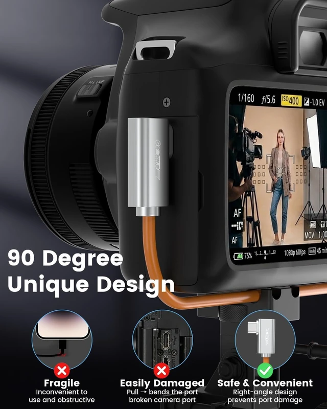 Alt view image 5 of 5 - Fiber Optic USB C Tethering Cable 30 FT, 10Gbps 60W Right Angle Tether Cord