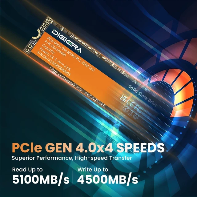 Alt view image 2 of 5 - DIGIERA LNV480 1TB PCIe Gen 4.0x4 NVMe M.2 2280 Internal SSD, Up to 5100MB/s Read 4500MB/s Write, High-Speed Storage for Gaming & Professional Workloads Laptop Desktop PC