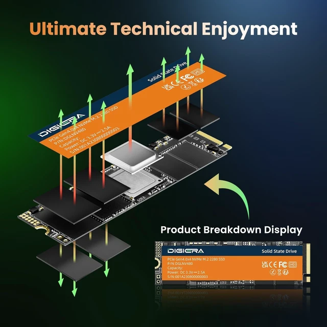 Alt view image 4 of 5 - DIGIERA LNV480 1TB PCIe Gen 4.0x4 NVMe M.2 2280 Internal SSD, Up to 5100MB/s Read 4500MB/s Write, High-Speed Storage for Gaming & Professional Workloads Laptop Desktop PC